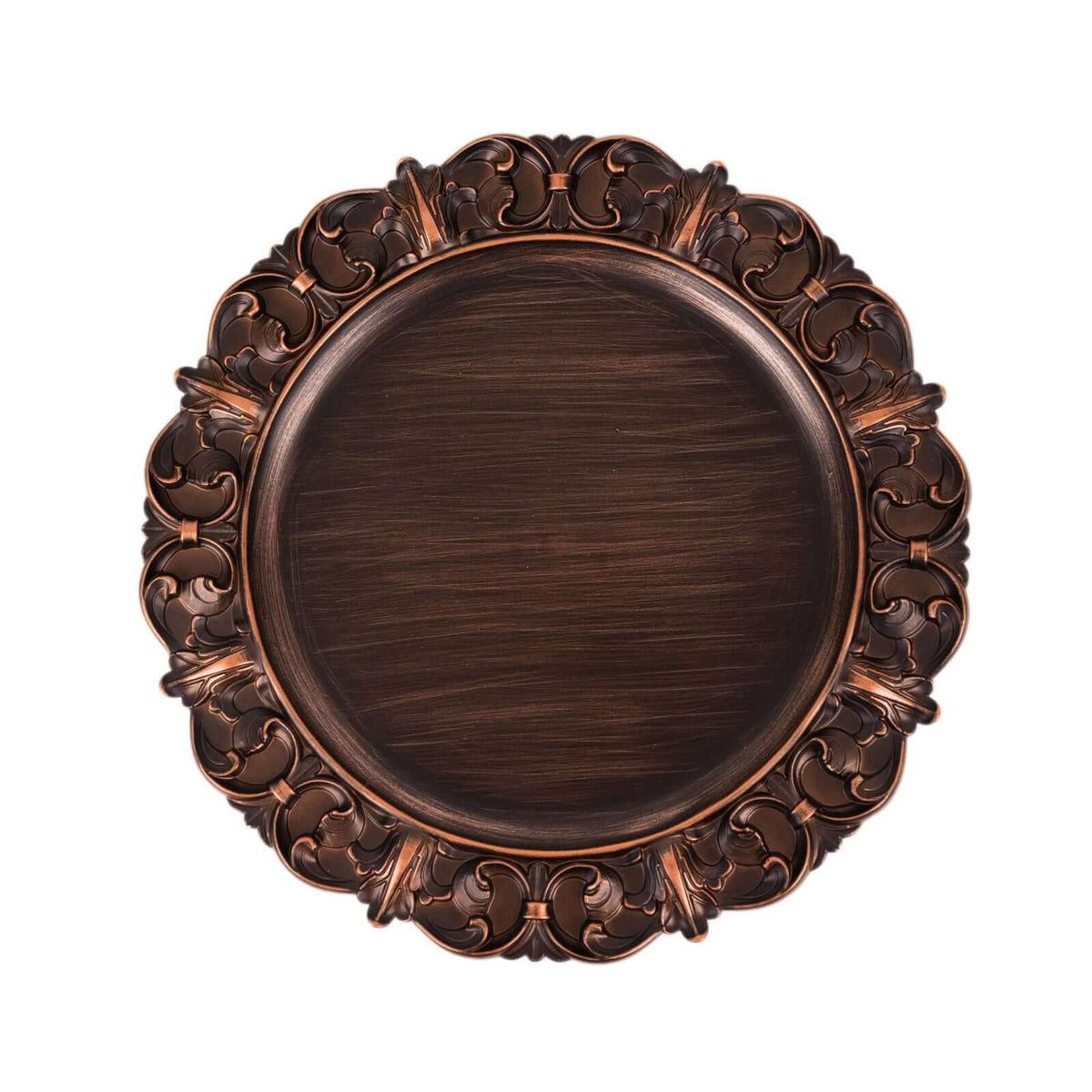 6-Pack Acrylic Charger Plates 13" Round Dark Brown with Aristocrat Retro Baroque Rim - Ornate Plastic Decorative Chargers